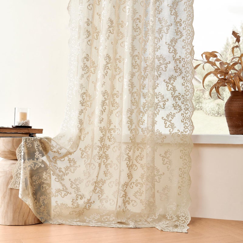 FOLKSIDE Beige Lace Curtains - 84 Inch Long, 2 Panel Vintage Paisley Curtains for Living Room & Bedroom - Rod Pocket, Light Filtering, French Crochet, Victorian Sheer Drapes - 52x84 - Image 5