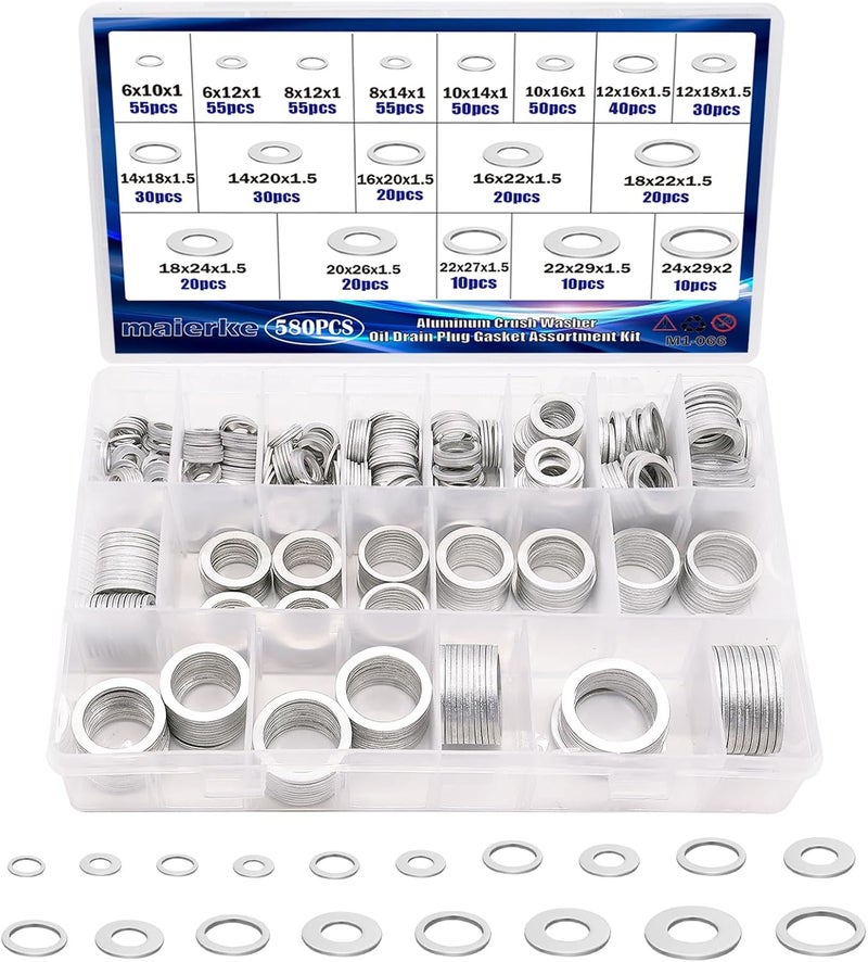 maierke 580PCS Aluminum Crush Washer Oil Drain Plug Gasket Assortment - 18 Sizes (M6-M24) - Image 1