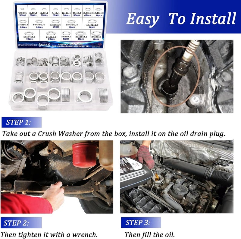 maierke 580PCS Aluminum Crush Washer Oil Drain Plug Gasket Assortment - 18 Sizes (M6-M24) - Image 4