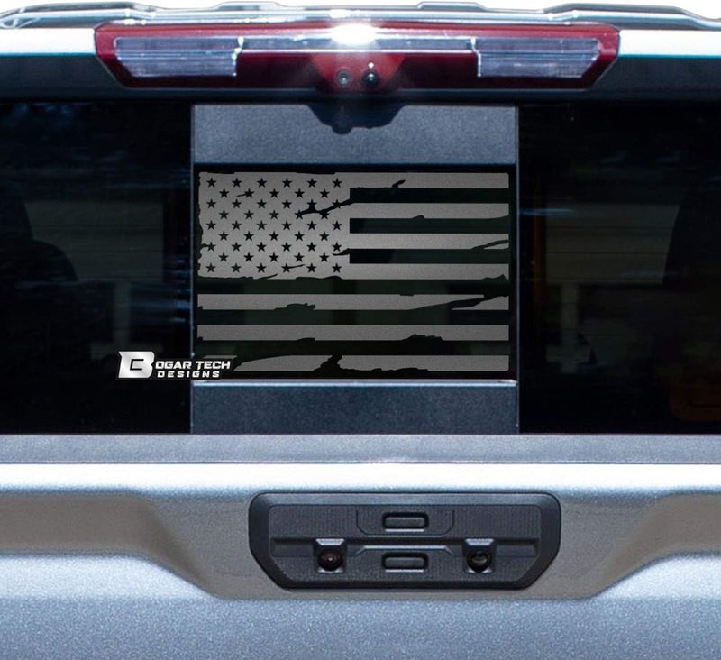 Bogar Tech Designs Precut Quarter Window Distressed American Flag Vinyl Decal for GMC Sierra and Chevy Silverado 2019-2022, Matte Black - Image 1