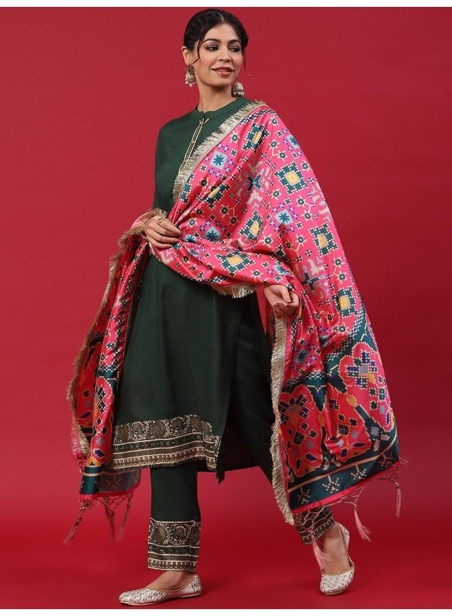 AKS Green Gold Printed Kurta & Pant With Dupatta Set  - Image 4