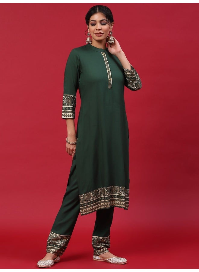 AKS Green Gold Printed Kurta & Pant With Dupatta Set  - Image 5
