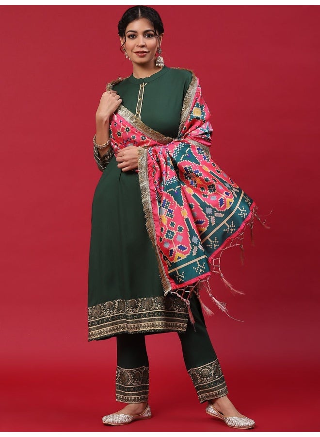 AKS Green Gold Printed Kurta & Pant With Dupatta Set  - Image 1