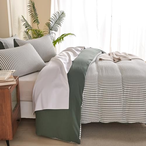 TISPLR Comforter Set King Size Green Soft Luxury Washed Microfiber Jacquard 3 Pieces Bedding Set, White Green Vertical Ticking Stripes Pattern Comforter with 2 Pillowcases Breathable Durable Comfy - Image 4