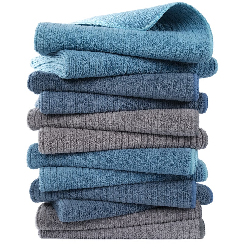 POLYTE Premium Microfiber All-Purpose Ribbed Terry Kitchen Towel, 12 Pack (Blue, Gray, Teal, 16x28 in) - Image 1