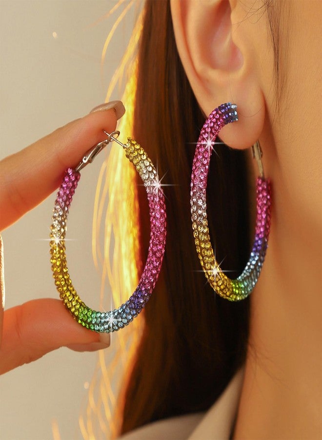YANCHUN Rhinestone Hoop Earrings for Women Large Big Hoop Earrings Sparkling Colorful Pink Earring Dainty Statement Jewelry Gifts s Outfits Party Accessories - Image 2