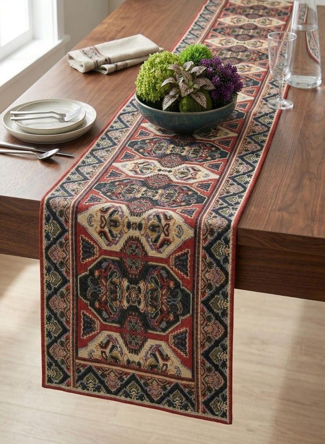 DaDa Bedding Majestic Red Kilim Rug Tapestry Dining Table Runner - Woven Elegant Intricate Floral Ornate - Royal Persian Rug Style Traditional Decorative Cotton Linen Kitchen Mats - 13" x 90" - Image 1