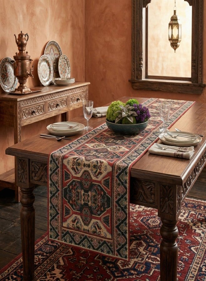 DaDa Bedding Majestic Red Kilim Rug Tapestry Dining Table Runner - Woven Elegant Intricate Floral Ornate - Royal Persian Rug Style Traditional Decorative Cotton Linen Kitchen Mats - 13" x 90" - Image 2