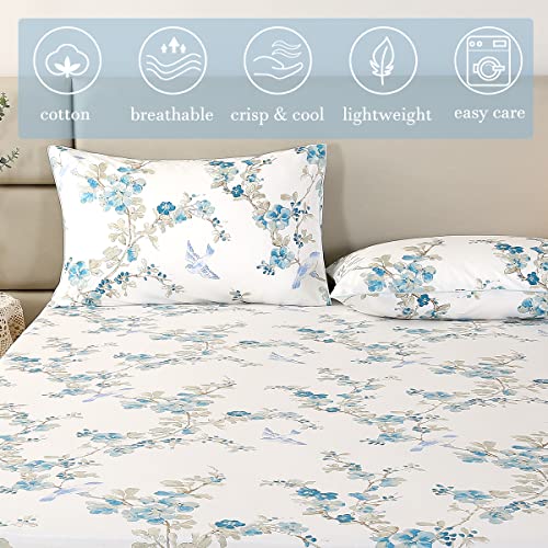 URBONUR Luxury Sheets Set Queen Egyptian Percale Cotton Blue Floral Sheets Soft Smooth Breathable Bed Sheet Set with Deep Pocket (4Pcs, Queen Size, Blue Plum Bloosom) - Image 5