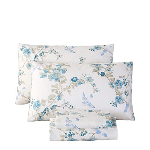 URBONUR Luxury Sheets Set Queen Egyptian Percale Cotton Blue Floral Sheets Soft Smooth Breathable Bed Sheet Set with Deep Pocket (4Pcs, Queen Size, Blue Plum Bloosom) - Image 1