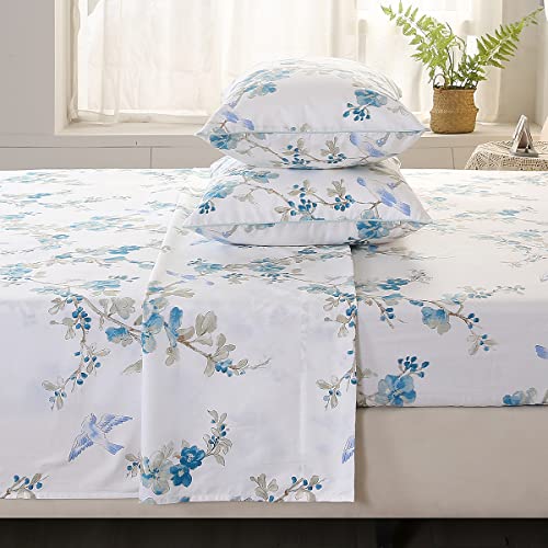 URBONUR Luxury Sheets Set Queen Egyptian Percale Cotton Blue Floral Sheets Soft Smooth Breathable Bed Sheet Set with Deep Pocket (4Pcs, Queen Size, Blue Plum Bloosom) - Image 3