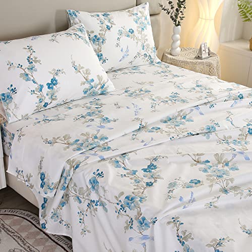 URBONUR Luxury Sheets Set Queen Egyptian Percale Cotton Blue Floral Sheets Soft Smooth Breathable Bed Sheet Set with Deep Pocket (4Pcs, Queen Size, Blue Plum Bloosom) - Image 4