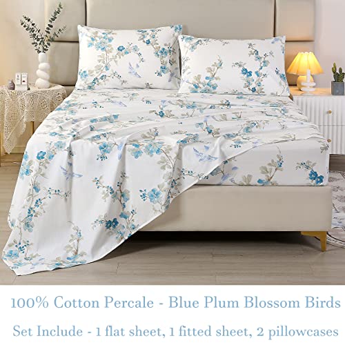 URBONUR Luxury Sheets Set Queen Egyptian Percale Cotton Blue Floral Sheets Soft Smooth Breathable Bed Sheet Set with Deep Pocket (4Pcs, Queen Size, Blue Plum Bloosom) - Image 2