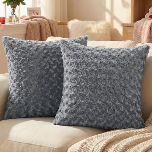 FUTEI Pack of 2 Solid Throw Pillow Covers 18x18 Inch Soft Rose Swirl Textured Decorative Cushion Case Modern Farmhouse Accent Decor for Couch Bed Living Room Grey - Image 1