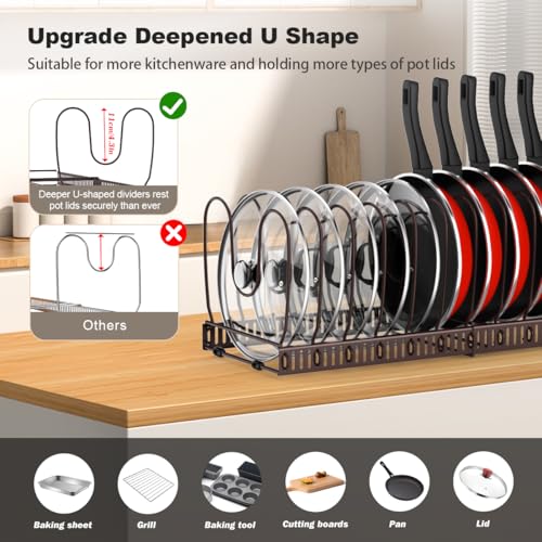 Housolution Pot and Pan Organizer Rack for Cabinet, Expandable Pot Lid Organizer with 14 Adjustable Dividers, Pan Holder Storage Rack for Kitchen Cabinet, Bronze - Image 2