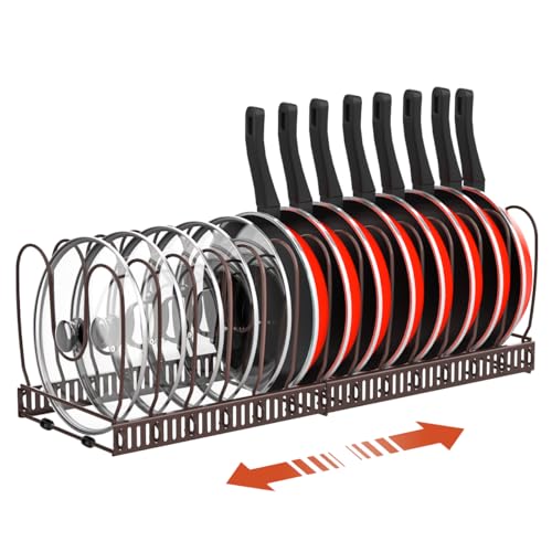 Housolution Pot and Pan Organizer Rack for Cabinet, Expandable Pot Lid Organizer with 14 Adjustable Dividers, Pan Holder Storage Rack for Kitchen Cabinet, Bronze - Image 1