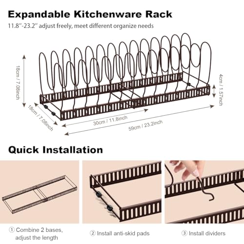 Housolution Pot and Pan Organizer Rack for Cabinet, Expandable Pot Lid Organizer with 14 Adjustable Dividers, Pan Holder Storage Rack for Kitchen Cabinet, Bronze - Image 5