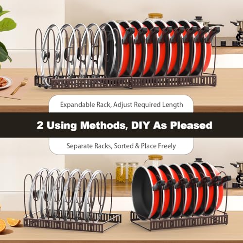 Housolution Pot and Pan Organizer Rack for Cabinet, Expandable Pot Lid Organizer with 14 Adjustable Dividers, Pan Holder Storage Rack for Kitchen Cabinet, Bronze - Image 4