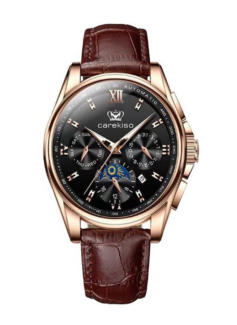 carekiso Men’s Brown Leather Alloy Case Analog Quartz Watch 40mm  - Image 1