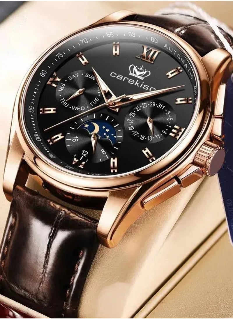 carekiso Men’s Brown Leather Alloy Case Analog Quartz Watch 40mm  - Image 2