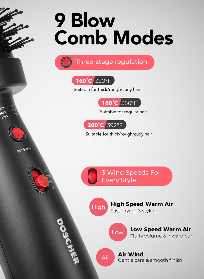 DOSCHER Blow Dryer Brush – Hot Air Thermal Brush and Heated Comb, Ionic Hair Straightener & Volumizer, Fast Drying Frizz-Free Styling with 3 Heat & 3 Speed Settings, for All Hair Types - Image 4