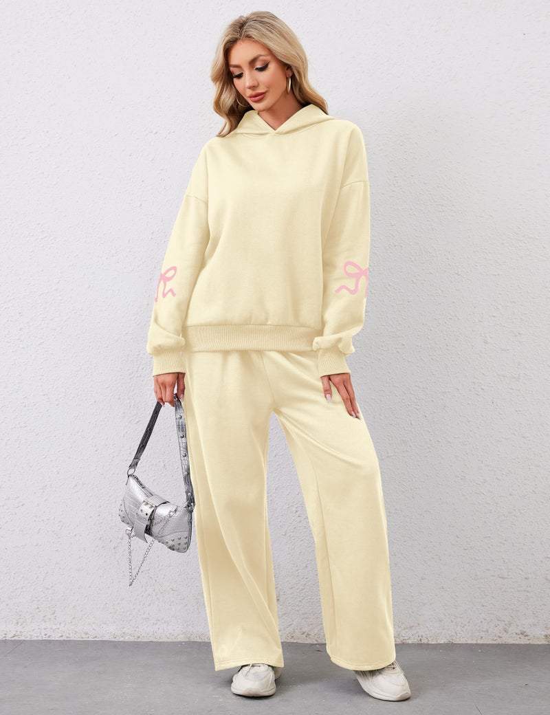 Livtany Women's 2 Piece Outfits Bow Trim Print Hoodie Sweatsuit Sets Oversized Sweatshirt Wide Leg Sweatpants With Pockets - Image 5