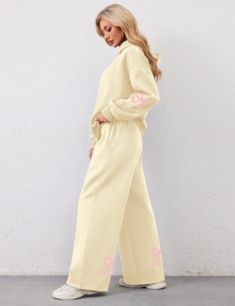 Livtany Women's 2 Piece Outfits Bow Trim Print Hoodie Sweatsuit Sets Oversized Sweatshirt Wide Leg Sweatpants With Pockets - Image 4