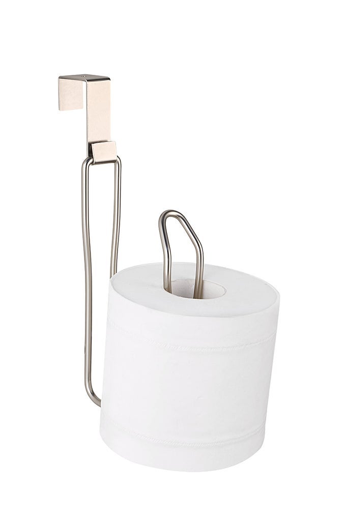 OVER THE TANK TOILET TISSUE PAPER ROLL HOLDER DISPENSER AND RESERVE FOR BATHROOM STORAGE AND ORGANIZATION METAL HANGING HOLDS 1 ROLL SATIN NICKEL