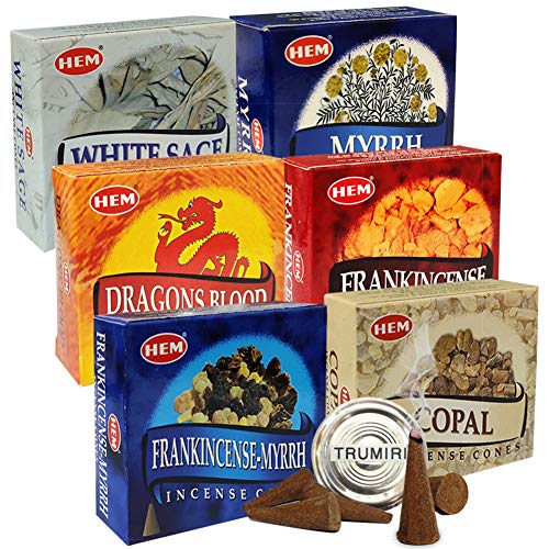 TRUMIRI Hem Incense Cones Variety Pack #4 and Inscents-Cones Burner Holder with 6 Most Popular Fragrances - Dragons Blood, Frankincense, Myrrh - Total 60 Scented Cone Incense (6 Scents x 10 Conos) - Image 1
