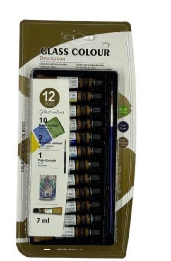 53 Arts Glass Paint Set - 12 Colors with 1 Brush (10 Base + 2 Metallic), Water-Based Glass Colors for Painting on Glass, Ceramics, Plastic, and More | DIY Art and Craft Kit