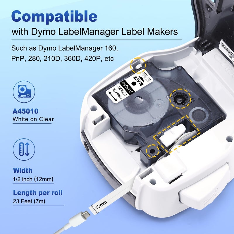 كولور وينج شريط ملصقات DYMO D1 متوافق، أسود على شفاف، بديل لإعادة تعبئة آلة الملصقات DYMO 45010 S0720500، مقاس 1/2 بوصة × 23 قدمًا لآلات DYMO LabelManager 160 210D 280 360D، عبوة من 3 قطع - Image 2