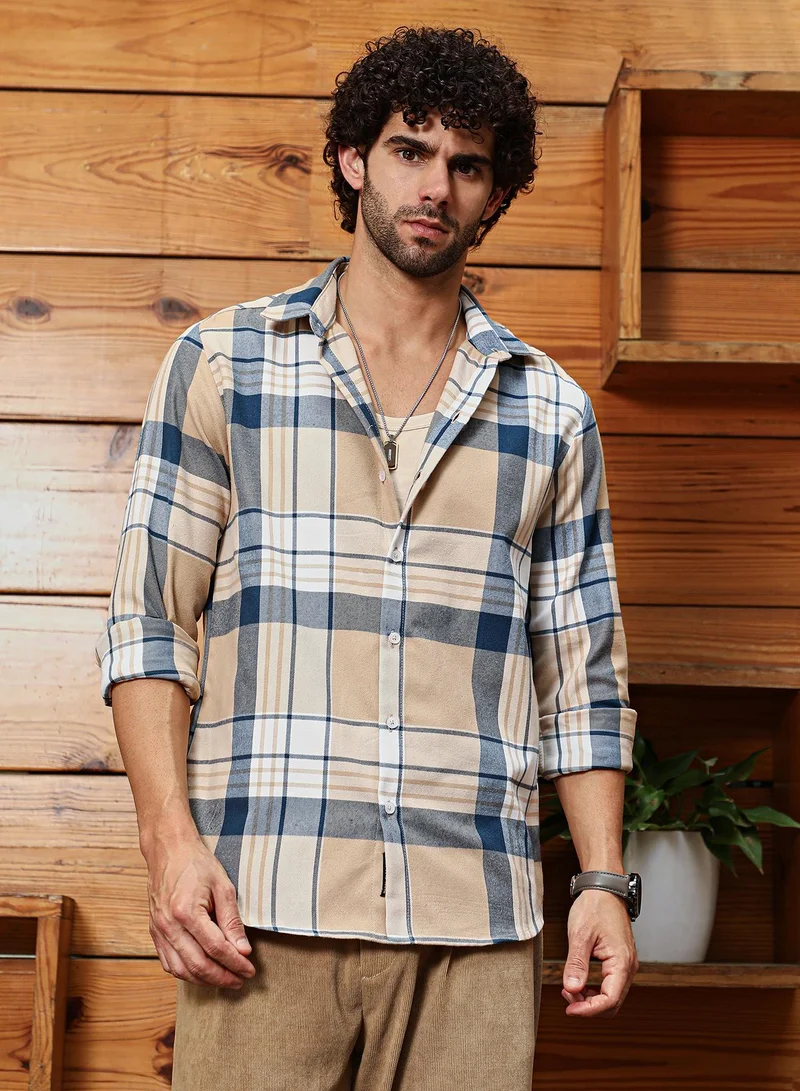 Campus Sutra Men's Buff Beige & Indigo Blue Maxi-Plaid Relaxed Shirt