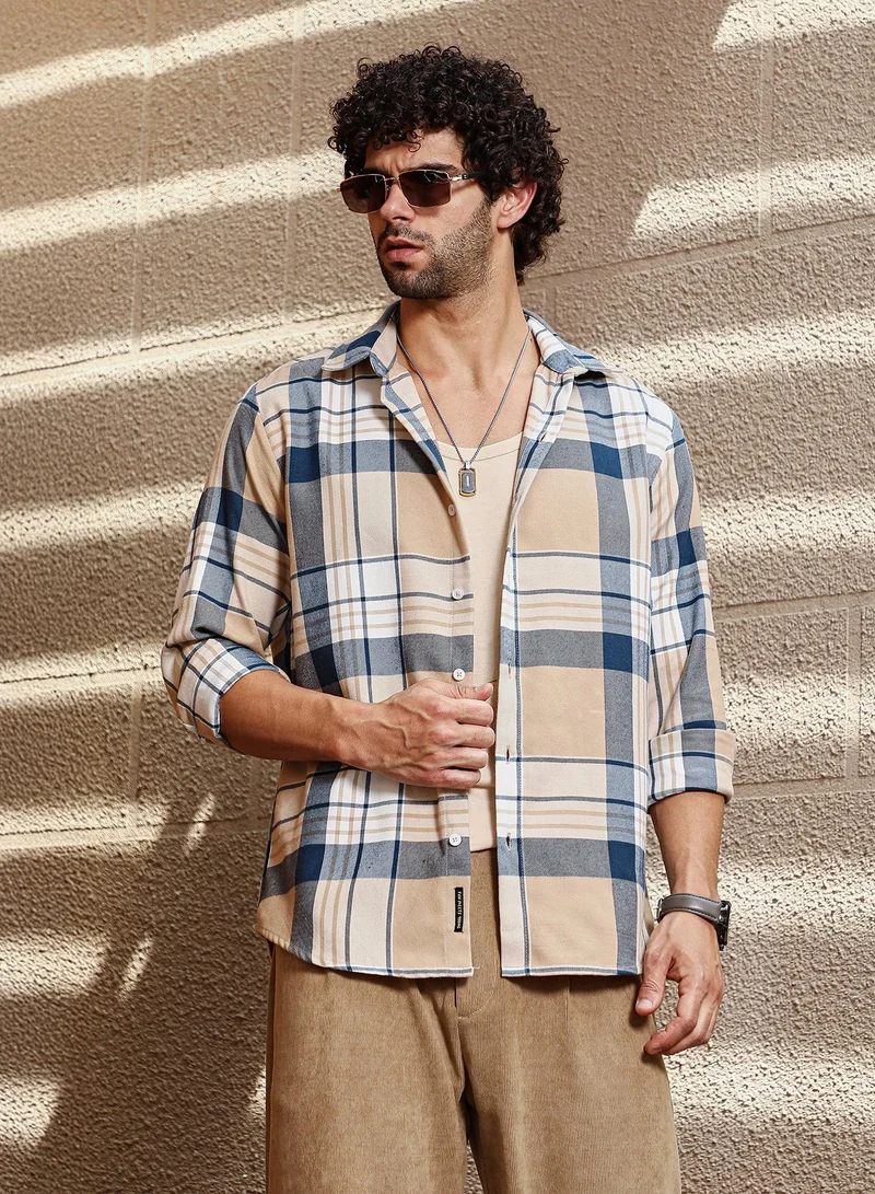 Campus Sutra Men's Buff Beige & Indigo Blue Maxi-Plaid Relaxed Shirt