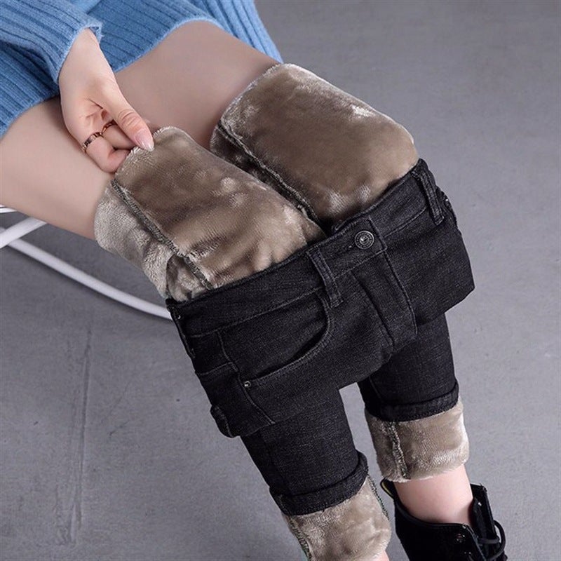 Fleece-Lined Jeans Women'S Loose High Waist Slimming 2021 All-Match Straight Stretch Pencil - Image 1