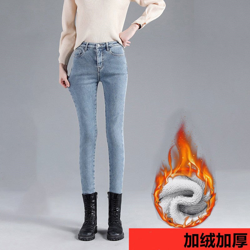 Fleece-Lined Jeans Women'S Loose High Waist Slimming 2021 All-Match Straight Stretch Pencil - Image 3