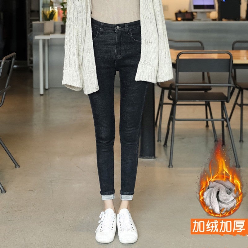Fleece-Lined Jeans Women'S Loose High Waist Slimming 2021 All-Match Straight Stretch Pencil - Image 4