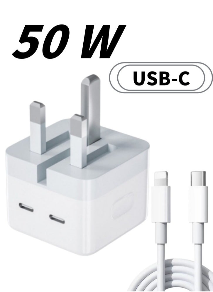 Lullaxx Lullaxx 50W Dual USB-C PD Fast Charger with 1M Cable UK Plug Compatible with iPhone 14/13 Series (14/14 Plus/14 Pro/14 Pro Max/13)  - Image 1