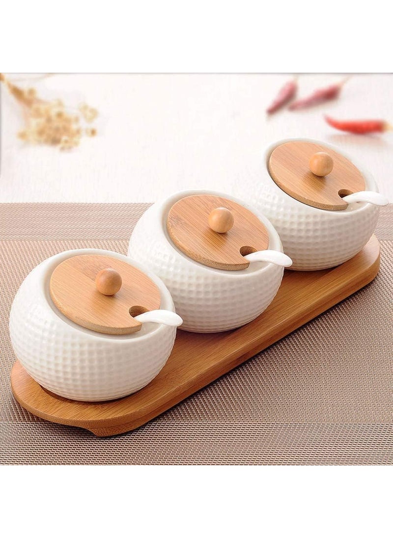 VORTIPU Vortipu Porcelain Condiment Jar Spice Container Set with Bamboo Lids Ceramic Serving Spoon Wooden Tray Ideal for Kitchen Counter Storage  - Image 1
