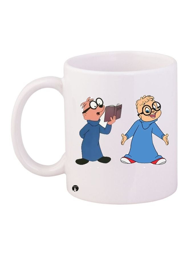 RYN Cartoon Printed Ceramic Coffee Mug White/Blue/Beige 11ounce