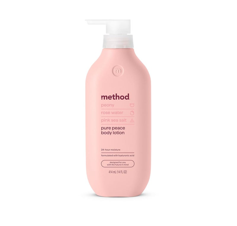 Method Body Lotion, Pure Peace, Rose Water, Peonies + Pink Sea Salt notes, 24 Hours of Moisture, 14 oz
