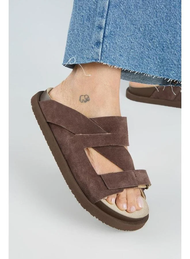 Elifi Women's Genuine Leather Scarf strap Coffee Slippers.