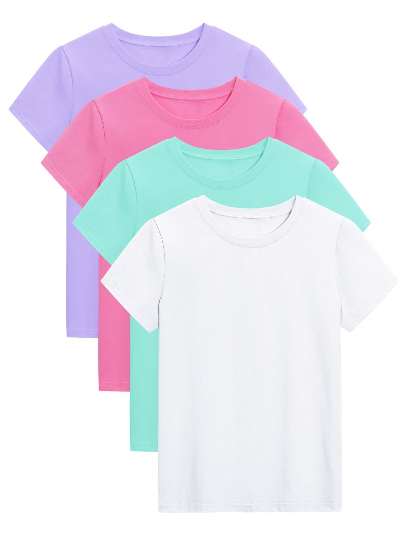KEREDA 4 Pack Girls Short Sleeve Shirts Cotton T-Shirts Summer Basic Tees Tops Clothes for Kids Light Purple, Green, Bright Pink, White 7-8 Years - Image 1