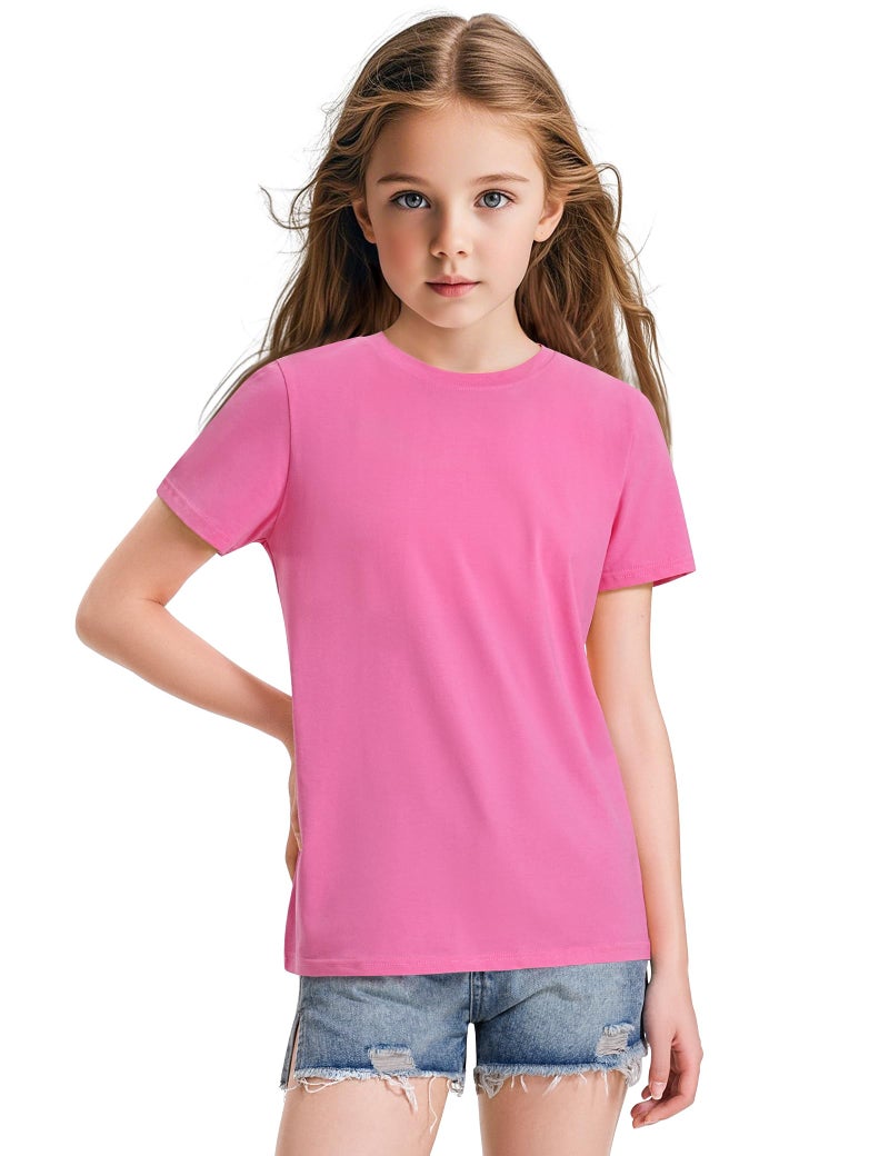 KEREDA 4 Pack Girls Short Sleeve Shirts Cotton T-Shirts Summer Basic Tees Tops Clothes for Kids Light Purple, Green, Bright Pink, White 7-8 Years - Image 4