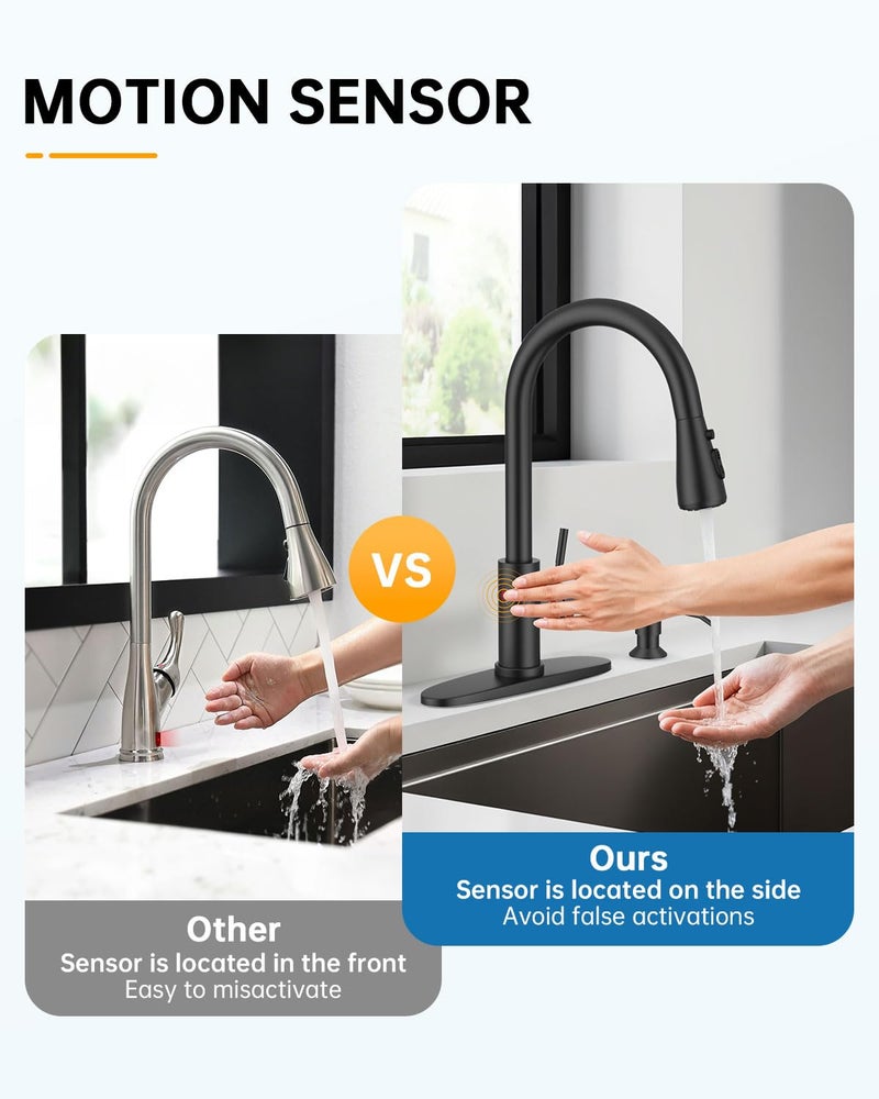 WEWE Touchless Kitchen Sink Faucet with Soap Dispenser, Single Handle Kitchen Faucets with Pull Down Sprayer Smart Motion Sensor Stainless Steel, Matte Black - Image 4