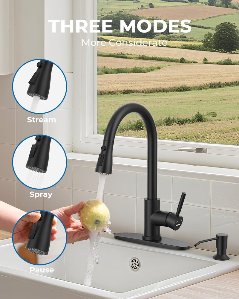 WEWE Touchless Kitchen Sink Faucet with Soap Dispenser, Single Handle Kitchen Faucets with Pull Down Sprayer Smart Motion Sensor Stainless Steel, Matte Black - Image 5