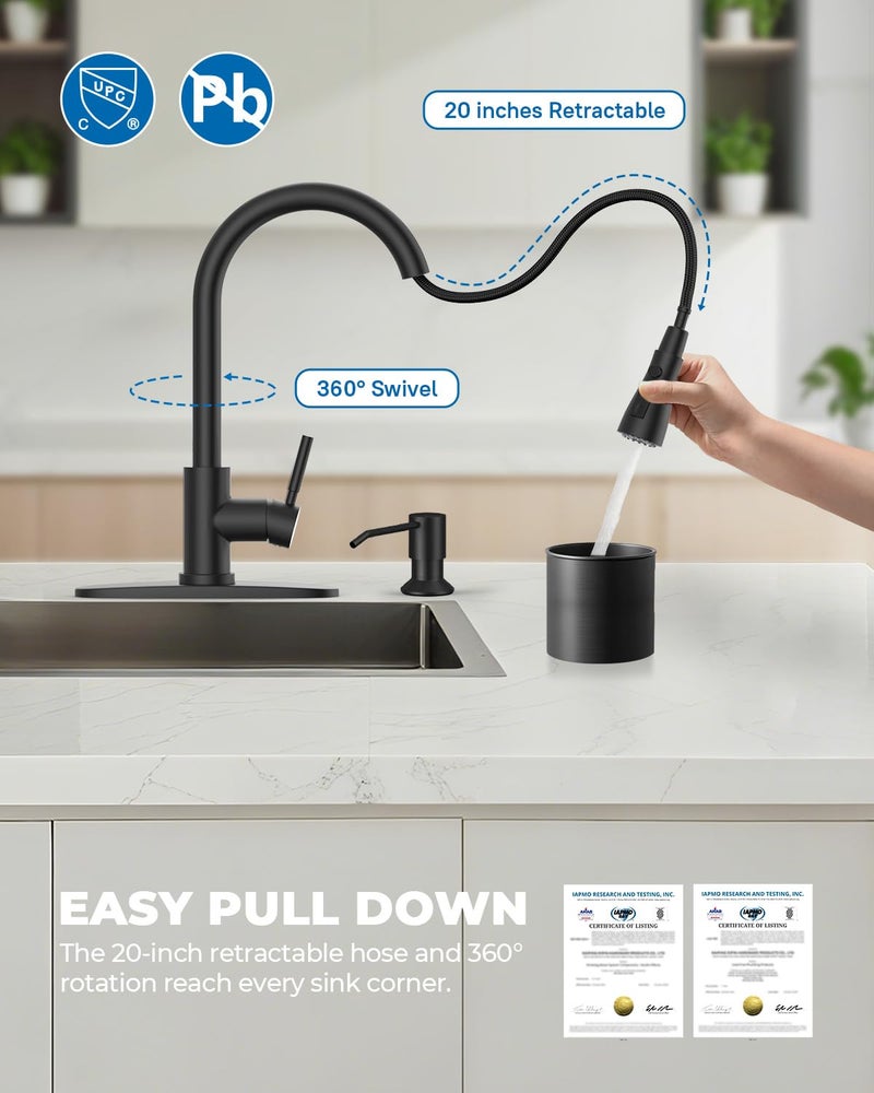 WEWE Touchless Kitchen Sink Faucet with Soap Dispenser, Single Handle Kitchen Faucets with Pull Down Sprayer Smart Motion Sensor Stainless Steel, Matte Black - Image 3