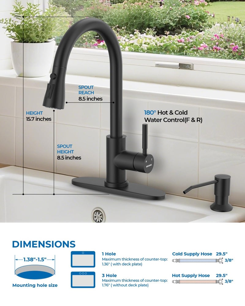WEWE Touchless Kitchen Sink Faucet with Soap Dispenser, Single Handle Kitchen Faucets with Pull Down Sprayer Smart Motion Sensor Stainless Steel, Matte Black - Image 2