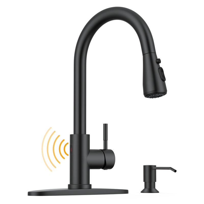 WEWE Touchless Kitchen Sink Faucet with Soap Dispenser, Single Handle Kitchen Faucets with Pull Down Sprayer Smart Motion Sensor Stainless Steel, Matte Black - Image 1