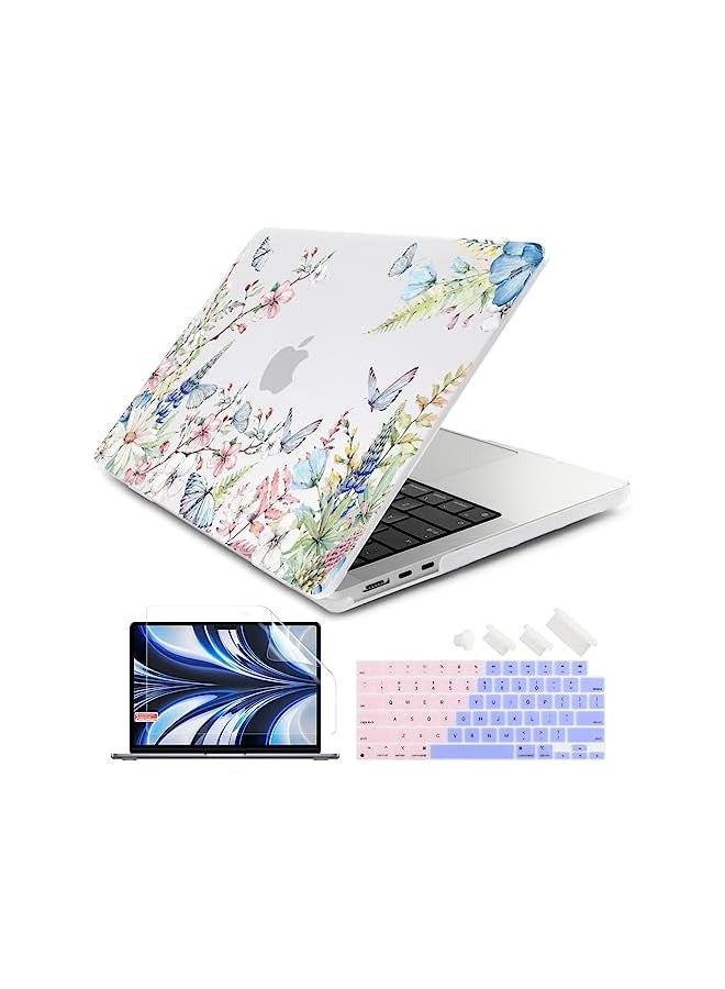 بروماس حافظة ممتازة لجهاز ماك بوك اير الجديد مقاس 15 بوصة 2023 موديل A2941 مع شريحة M2، غطاء صلب بلاستيكي واقٍ وغطاء لوحة مفاتيح وواقي شاشة، فراشة وزهرة - Image 1