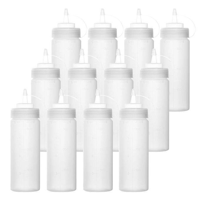 12 PACK 12 OZ PLASTIC SQUEEZE CONDIMENT BOTTLES WITH TWIST ON CAP LIDS AND DISCRETE MEASUREMENTS WIDE MOUTH EMPTY SQUIRT BOTTLE FOR SAUCE KETCHUP BBQ DRESSING PAINT